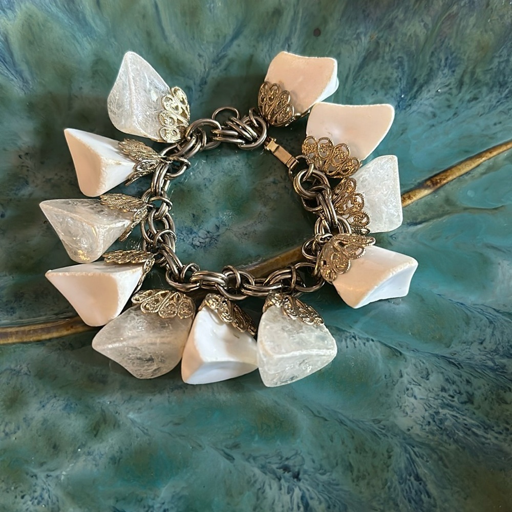 Vintage Silver & Gold Tone Bracelet with White & Gray Lucite Accent Charm Stones